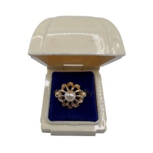 Vintage Avon Gold Tone‎ Pearl Flower Ring Adjustable Floral Statement Women's